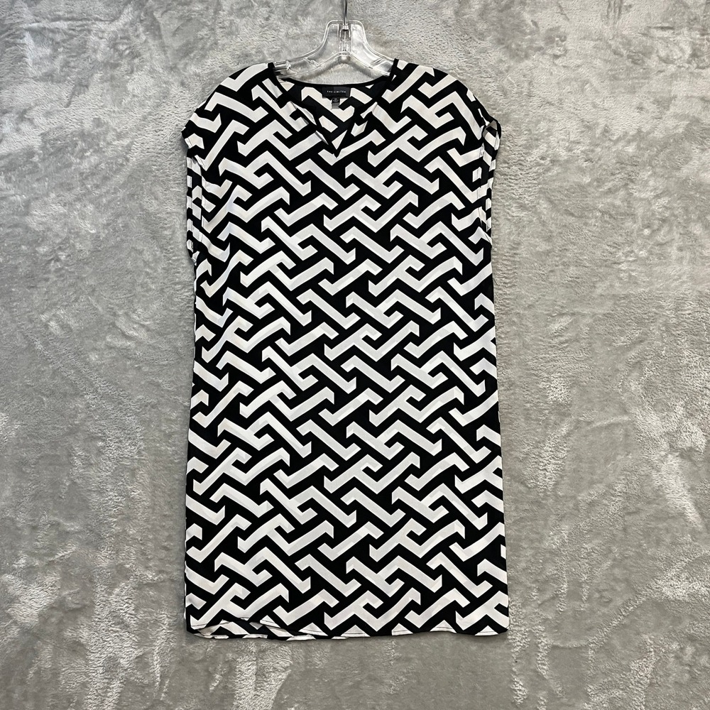 The Limited Shift Dress Womens XS Black White Geometric Greek Key Split Neck